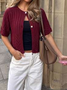 Flora Isola Flora Isola Spring/Summer Elegant Mature Style Knitted Cover Up, Round Neck Mid-Sleeve Single-Breasted Hollow Vertical Stripe Cropped Shrug, Versatile French Style Outer Layer For Daily Commute, Dating, Vacation, Layering, Women's Cardigan - Burgundy - View 5