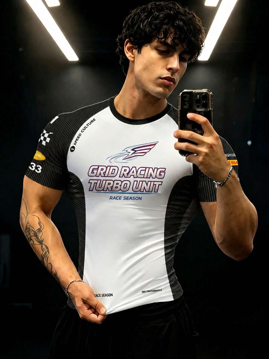 GymBeat 男士字母印花撞色插肩袖短袖運動T恤 - 彩色 - 查看 1
