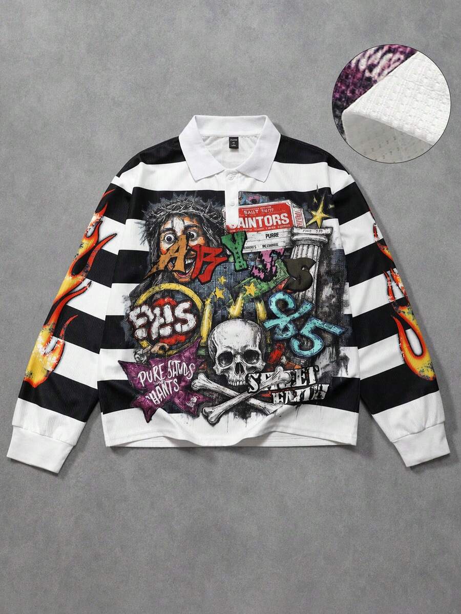 ROMWE MEN Prep Camisa polo de hombre con estampado de dibujos animados y rayas de colores contrastantes - Negro - Ver 1