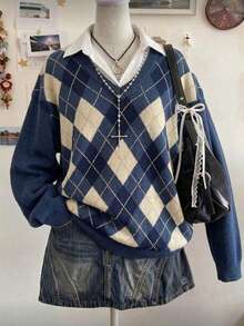 Lalippa Women's Casual Argyle Patchwork Knit Sweater, Autumn/Winter - Multicolor - View 1