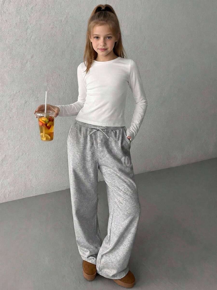 SHEIN Tween Girls' Solid Color Straight Leg Casual Knit Pants Vacation Suitable For All Seasons - Spring, Summer, Autumn, Winter - Light Grey - View 1
