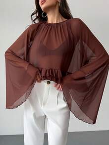 Aloruh Women's Elegant Sexy Crew Neck Multi-Layer Ruffle Hem Loose Bell Sleeve Knit Mesh Long Sleeve T-Shirt Date Night Night Out Dark Brown Summer - Brown - View 8