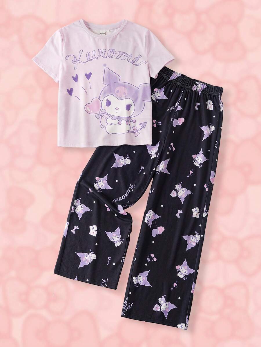 HELLO KITTY AND FRIENDS | SHEIN Tween Girl Cartoon Print Short Sleeve Top & Long Pants Loungewear - Purple - View 1