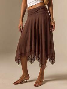 Athîral Falda elegante de mujer de gasa marrón con ribete de encaje, dobladillo asimétrico y volantes, ropa de verano y otoño, para salir, citas, falda marrón, maestra, concierto country, vaquera - Café integral - Ver 4