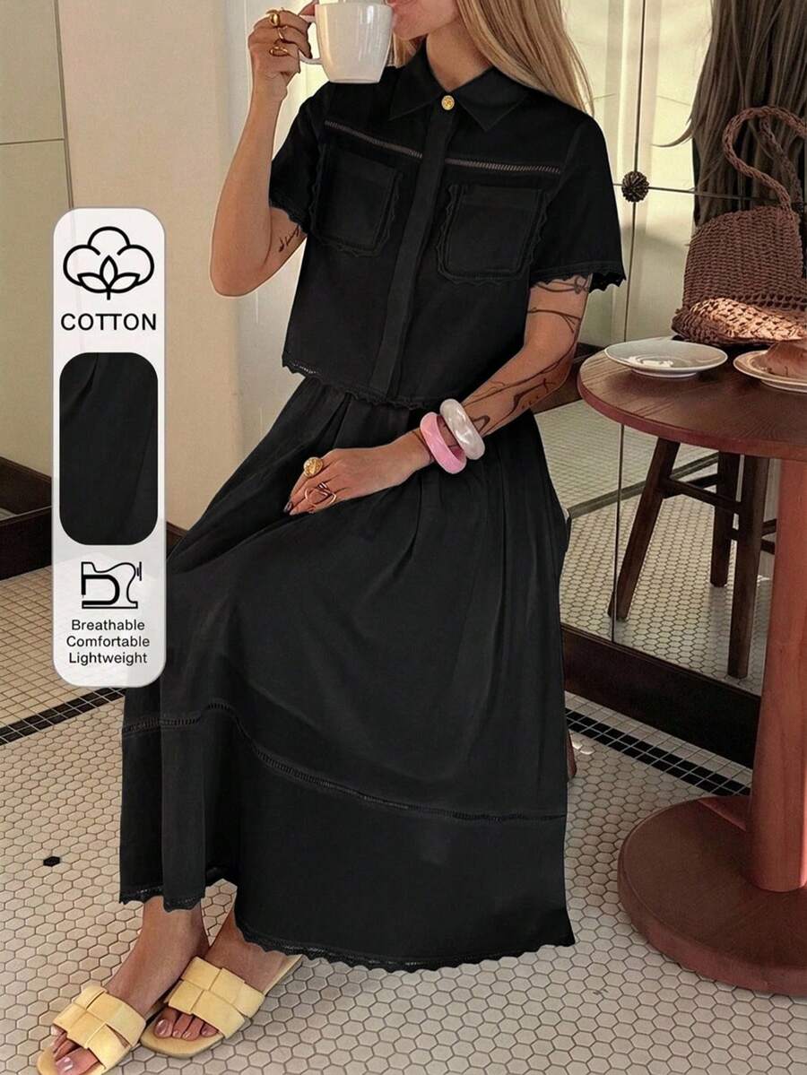 DAZY 春夏女款休閒優雅蕾絲拼接口袋襯衫與裙子兩件套,黑色 - 黑色 - 查看 1