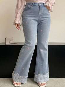 REIGN AVE Plus Size Slim Fit Sexy Flare Leg Casual Long Pants Lace Trim Patchwork Denim Jeans All Season Fall - Light Wash - View 2