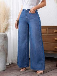 EMERY ROSE Plus Size Women's Casual Wide Leg Jeans - Light Wash - View 4