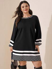 Comfylo Loose Long Sleeve Mid-Length Black Print Plus Size Dress Office Formal Evening Autumn Elegant - Black - View 1