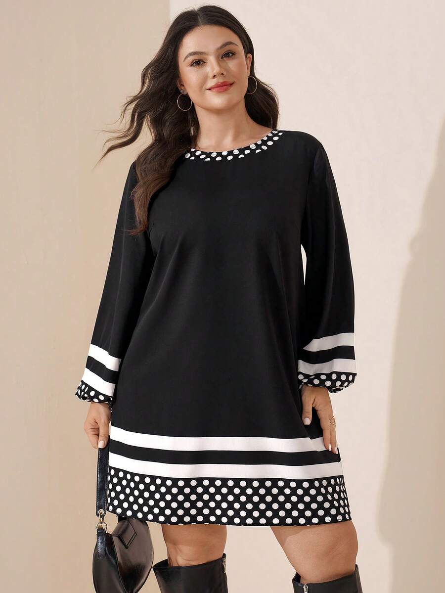 Comfylo Loose Long Sleeve Mid-Length Black Print Plus Size Dress Office Formal Evening Autumn Elegant - Black - View 1