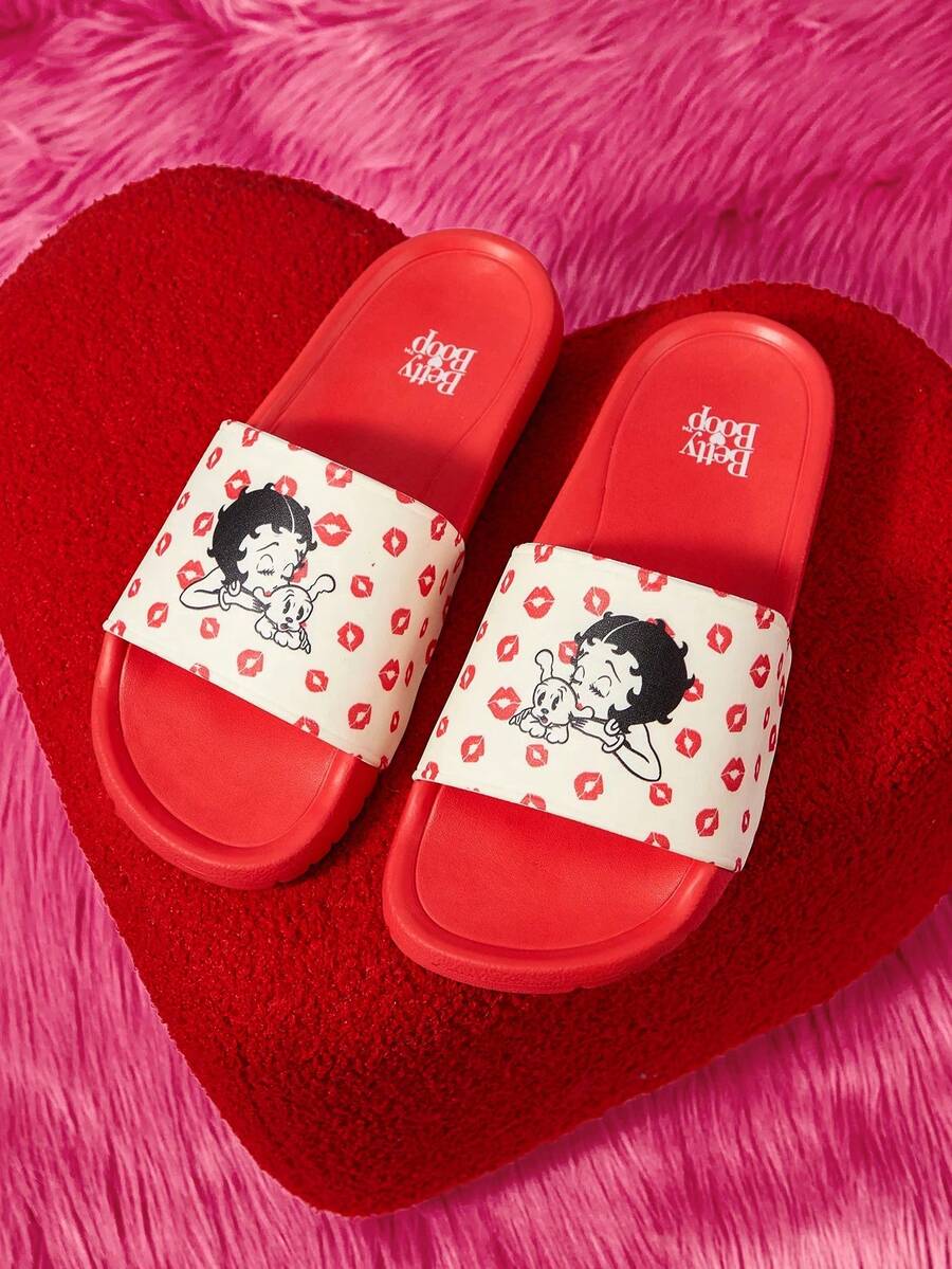 Betty Boop x SHEIN Ladies Summer Fashion Cartoon Pattern Slippers - Red and White - View 1