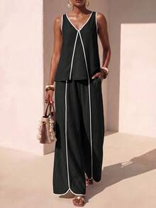 Zivah Women's Trim V-Neck Sleeveless Blouse And Wide Leg Pants 2 Pieces Set Beach Black And White Summer Elegant - Black - View 3