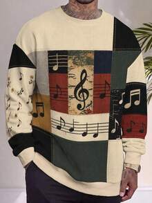Gym Rark Sweatshirt Leher Bulat Patchwork Vintage Pria, Desain Patch Jahitan Blok Multi Warna, Cetakan Notasi Musik Retro & Kunci G di Seluruh Permukaan, Potongan Longgar Kasual - MultiWarna - View 3