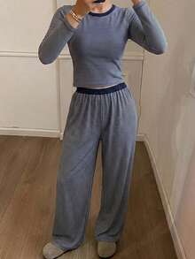 DAZY 條紋修身長袖T恤與直筒長款睡褲2件組女款居家服秋季 - 藍色 - 查看 3