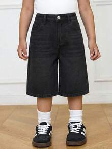 SHEIN 女童 Y2K 基本款休閒藍色丹寧 3/4 牛仔褲，兒童春夏休閒度假鄉村波希米亞風穿搭，女童沙灘裝，西式街頭風，春假、電音節丹寧中長褲 - 黑色 - 查看 3