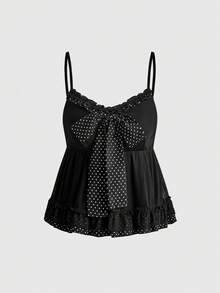 ROMWE Kawaii Tank Top Wanita Model A-Line Hitam Bergaya Boneka Lucu dengan Motif Polkadot dan Pita Berkerut - Hitam - View 1