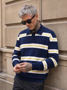 Manfinity LEGND Men's Colorblock Striped Pattern Casual Versatile Daily Wear Sweater, Old Money - Blue - View 6