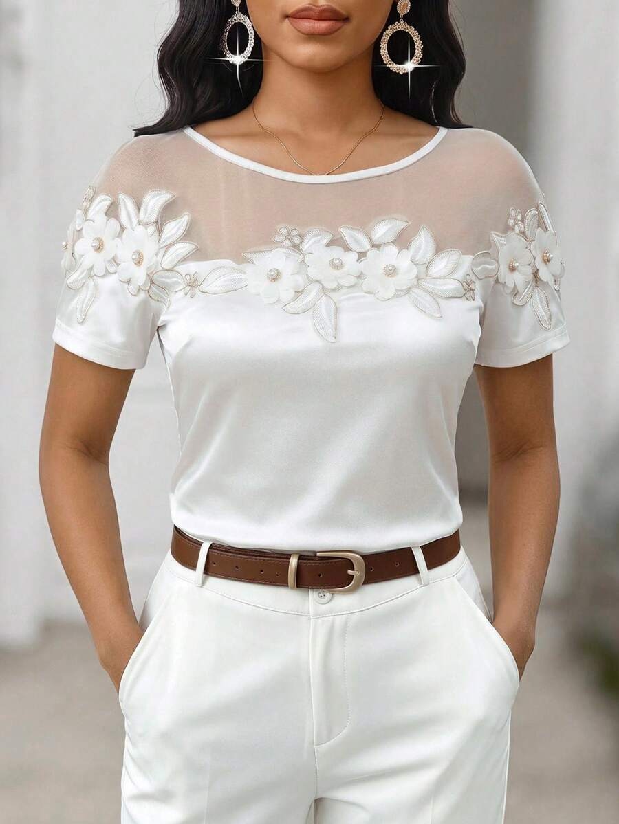 SHEIN Lady Kaos Wanita Lengan Pendek Elegan Musim Panas dengan Aplikasi Jala Kontras - Putih - View 1