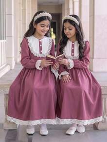 Tween Girl 秋季粉色校服洋裝，蕾絲飾邊拼接彼得潘領收腰 A 字裙長洋裝，隱形拉鍊，適合小學與國中返校及校外教學穿搭 - 粉色 - 查看 12