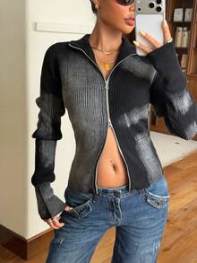 Muchica Cardigan Rajut Bergaris dengan Resleting, Model Streetwear Vintage, Potongan Slim Fit, Warna Hitam untuk Musim Gugur/Dingin - Hitam - View 3