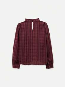 Nöista Burgundy Plaid Blouse With Mock Neck, Keyhole Detail And Long Sleeves. Elegant Design For Office Wear, Day-To-Night Outfits - Burgundy - View 8