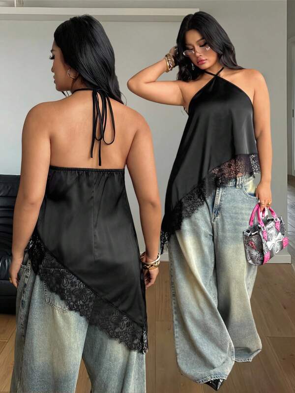 Coolane Women's Plus Size Summer Fall Going Out Formal Vacation Beach Casual Boho Outfit Versatile Daily Outing Lace Patchwork Black Halter Top
