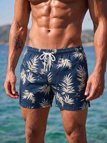 Manfinity Swimmode 男士植物印花休閒時尚沙灘短褲 - 藍色 - 查看 3