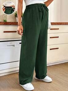 SHEIN Maternity Solid Color Adjustable Waist Wide Leg Long Pants - Dark Green - View 3