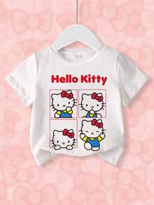 HELLO KITTY AND FRIENDS | SHEIN 女童圆领卡通字母印花休闲百搭日常短袖T恤 - 白色 - 查看 1