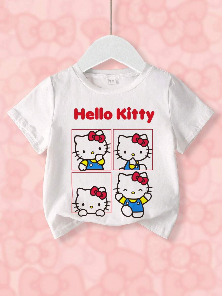 HELLO KITTY AND FRIENDS | SHEIN 女童圆领卡通字母印花休闲百搭日常短袖T恤 - 白色 - 查看 1