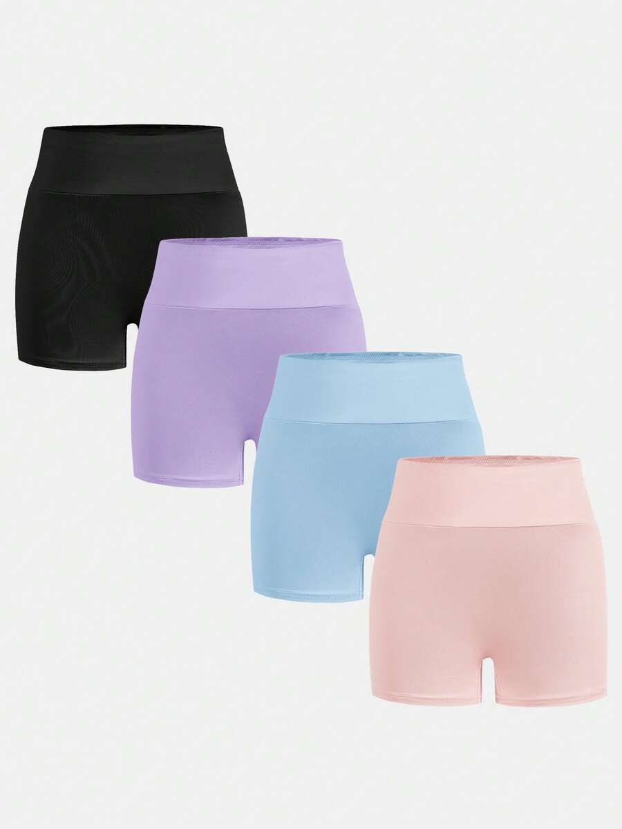 SHEIN Girlism Tween女孩日常休閒春夏針織素色高腰運動瑜伽短褲 4件/套 - 彩色 - 查看 1