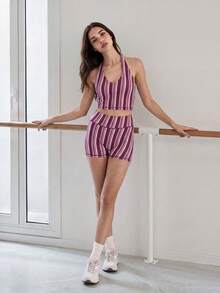 Nöista Part Of A Set. High-Waist Shorts In Burgundy And Lavender Multi Stripe Print. Perfect For Activewear, Barre, Yoga, Workout And Gym., Back To School - Purple - View 3