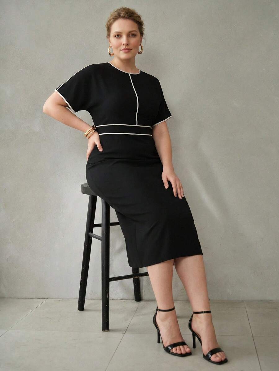 MOTF PREMIUM PLUS SIZE ELEGANT BLACK & WHITE CONTRAST TRIM DESIGN WOMEN MINIMALIST PRACTICAL MID-LENGTH DRESS - Black and White - View 1