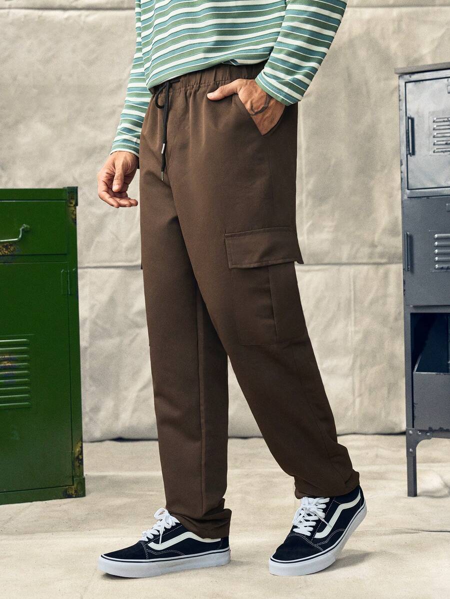 Norleigh 1pc Men's Multi-Pocket Solid Color Cargo Pants,Daily Commute, Sports, Outdoor, Casual, Fitness, Running, Loose Fit Straight Leg Trousers - Brown - View 1