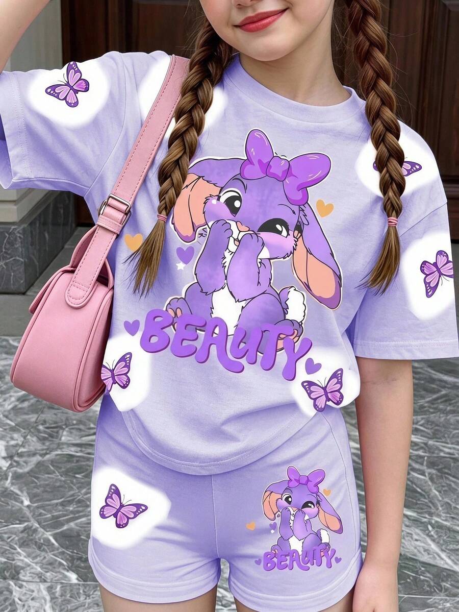 2pcs/Set Young Girls' Cute Rabbit & Butterfly Print Short Sleeve Top And Shorts Set,Korean Sweet Style Fashion Summer Family Matching Casual Outfits - Multicolor - View 1