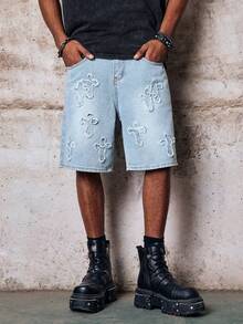 Skyrend Celana Pendek Denim Pria Manfinity Streetrush Washed Distressed Jorts Gaya Gothic Punk Streetwear untuk Emo Boy - Light Wash - View 5