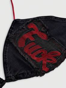 ROMWE Avant Y2K復古標語Logo補丁刺繡飾邊綁帶迷你修身性感大尺碼女款牛仔上衣 - 藍色 - 查看 3