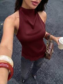 Firerie 女款性感露背荷葉領蕾絲拼接上衣，優雅適合派對、通勤與度假，優雅蕾絲飾邊露背上衣，性感緞面拼接無袖上衣，適用於派對、雞尾酒會、正式場合、商務休閒及其他場合，日常通勤女款上衣 - 酒紅色 - 查看 6