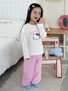 Dazy Kids HELLO KITTY | DAZY 女童字母卡通印花長袖上衣與長褲休閒居家睡衣套裝 - 白色 - 查看 6