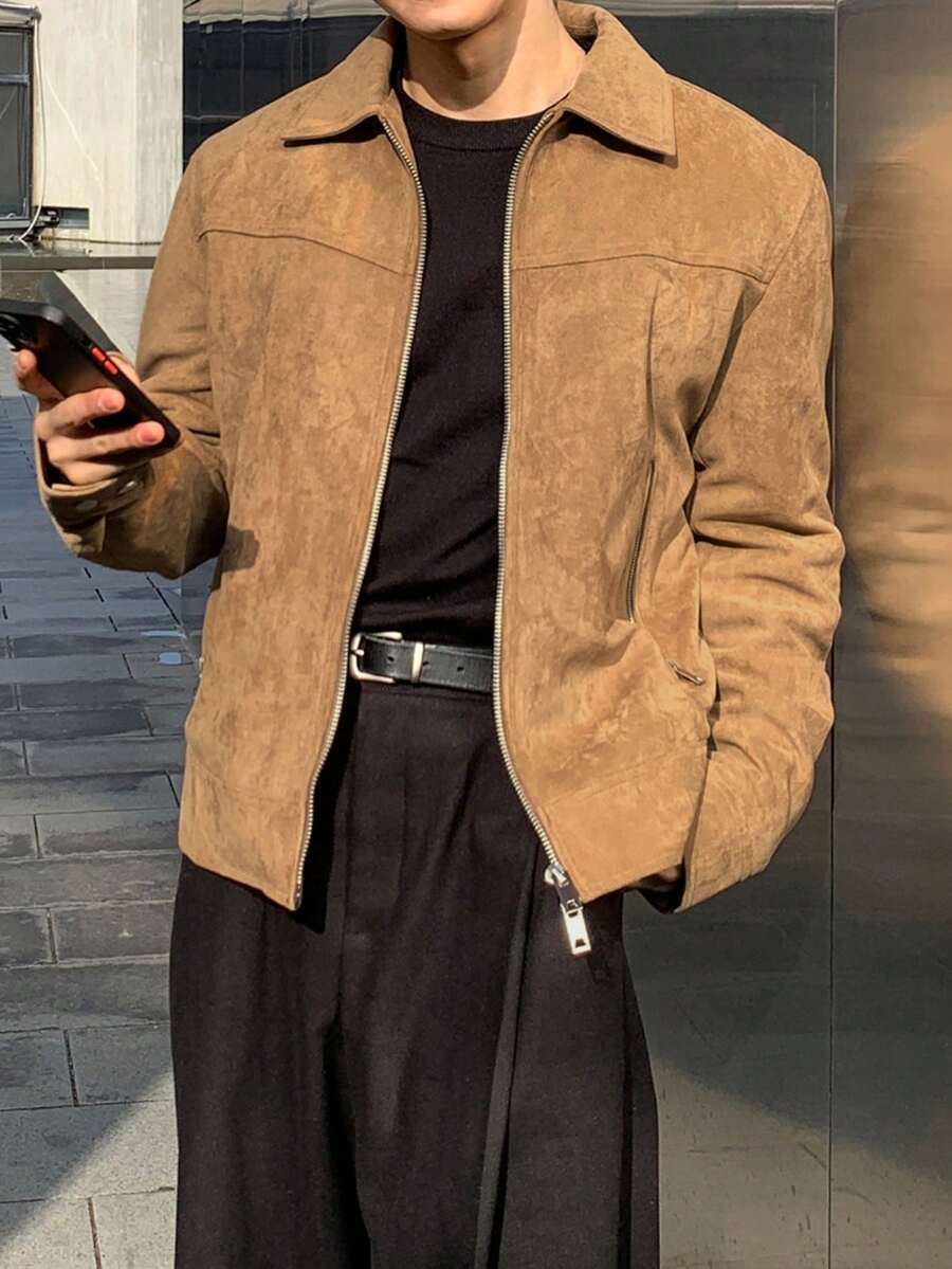 DAZY Autumn Solid Brown Suede Jacket And Coat For Men - Khaki - View 1