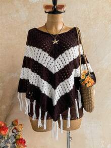 Soleia Selendang Rajut Wanita Motif Garis Cokelat Blok Warna dengan Rumbai di Bagian Bawah, Cocok untuk Liburan Musim Panas Gaya Boho. - MultiWarna - View 1