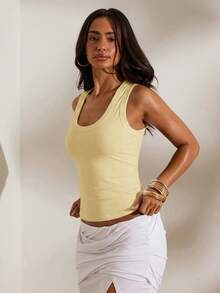 Opulessa Spring/Summer Vacation Solid Color Knit Fitted Women's Tank Top - Light Yellow - View 3