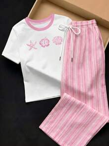 Comfortcana Setelan Kasual Liburan 2 Potong: Kaos Leher Bulat Warna Pink Motif Kerang dan Celana Panjang Garis Vertikal Asimetris, Pakaian Rumahan Cocok untuk Musim Semi dan Musim Panas - MultiWarna - View 6