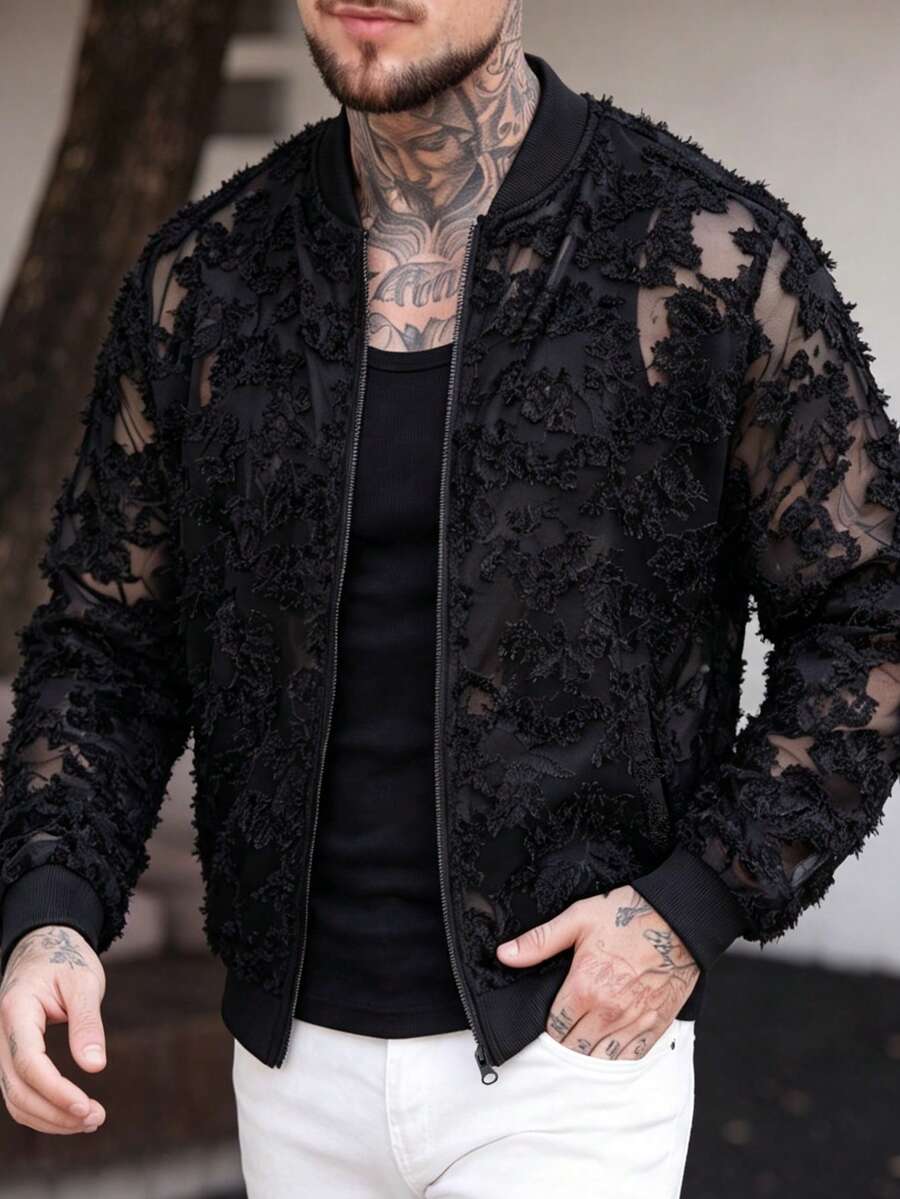 EGENSIO 男士時尚百搭刺繡拉鍊長袖夾克 - 黑色 - 查看 1