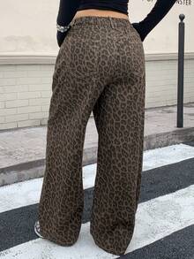 Dazy Tall Curve Jeans de mujer talla grande con cintura semi-elástica, estampado de leopardo, estilo callejero, corte holgado, para otoño y todas las estaciones, retro, marrón, para mujeres altas - Marrón - Ver 2