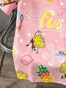SpongeBob SquarePants | SHEIN Daypath 男士全印花單排扣休閒短袖襯衫，適合日常穿著 - 粉色 - 查看 3