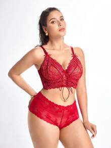 Slumbrini Sutiã com Aro Plus Size da Série Charismatic Leading Lady, Borgonha, Patchwork de Renda Bicolor com Design de Cordão, 1 Peça, Vermelho - Vinho - Visão 7