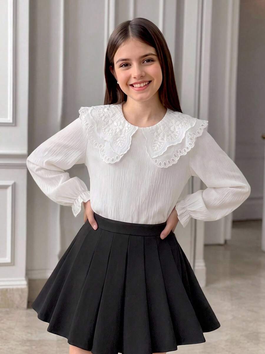 SHEIN 1件女童優雅刺繡蕾絲花瓣領公主長袖圓領休閒時尚公主上衣,適合學校、度假、旅行 - 白色 - 查看 1