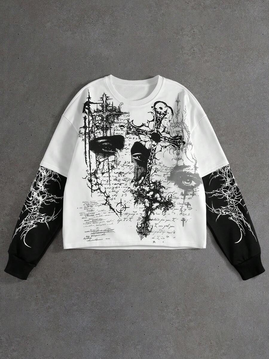 ROMWE MEN Men's Cross Print 2 In 1 Long Sleeve T-Shirt - White - View 1