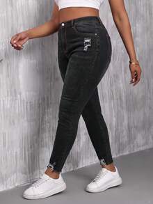 SHEIN Unity Plus Size Women's Ripped Fashionable Casual Goth Versatile Jeans Going Out Formal Dark Green Summer - Black - View 5
