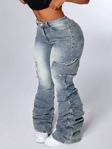 Flirla Plus Size Color Block Patch Pocket Slim Flare Leg Jeans - Blue - View 3